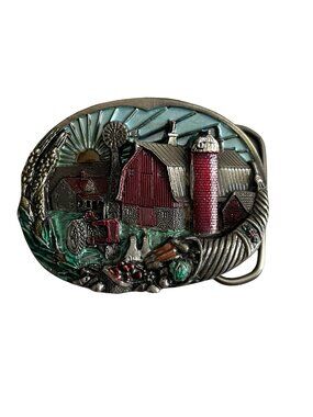 1982 Great American Buckle Co Farm Scene Belt Buckle Barn Tractor Windmill Vinta